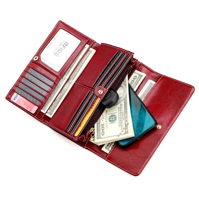 

Oil Wax Genuine Leather Luxury Hasp Women's Wallet Long Brand Solid Colors Coin Purses Female Fashion New Thin Phone Bag