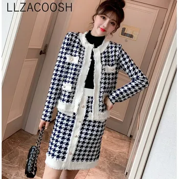 

High Quality Women Houndstooth Single Breasted Knitted Cardigan + Hit Color Elastic Bodycon Pencil Skirts Set Summer Knit 2 PCS