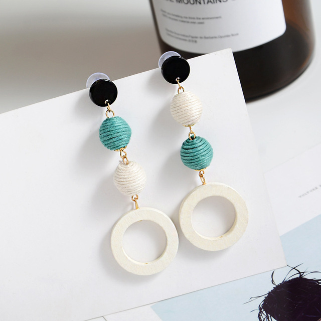 Flax Hemp Rope Round Ball Wood Women's Earrings 2020 New Style Long Yellow Blue White Candy Color Fashion Jewelry