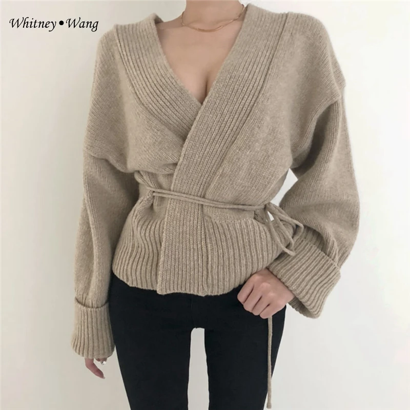WHITNEY WANG осень зима мода Уличная Сексуальная платья с v-образным вырезом женский кардиган джемпер sueter mujer invierno