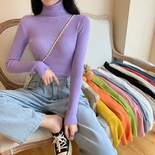 

2021 Spring Summer long sleeve Knitted foldover Turtleneck Pull Ribbed Sweater Soft Warm Femme Jumper Pullover Clothes latest