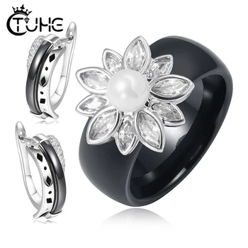 

Simulated Pearl Crystal Stud Earrings Rings Set for Women Healthy Ceramic S925 Sterling Ear Cuff Fashion Geometry Jewelry