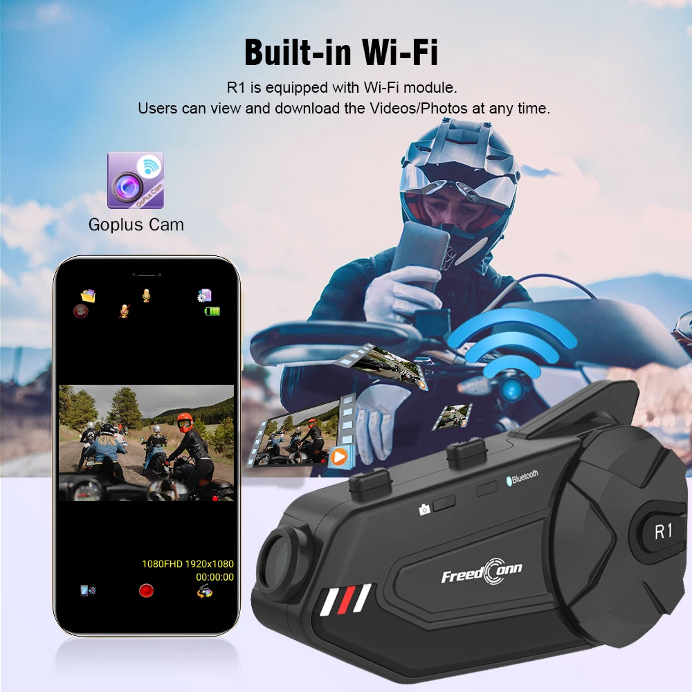 Bluetooth-гарнитура FreedConn R1 plus для мотоцикла водонепроницаемая 1080P HD Wi-Fi FM  | Наушники для шлемов -4001095841335