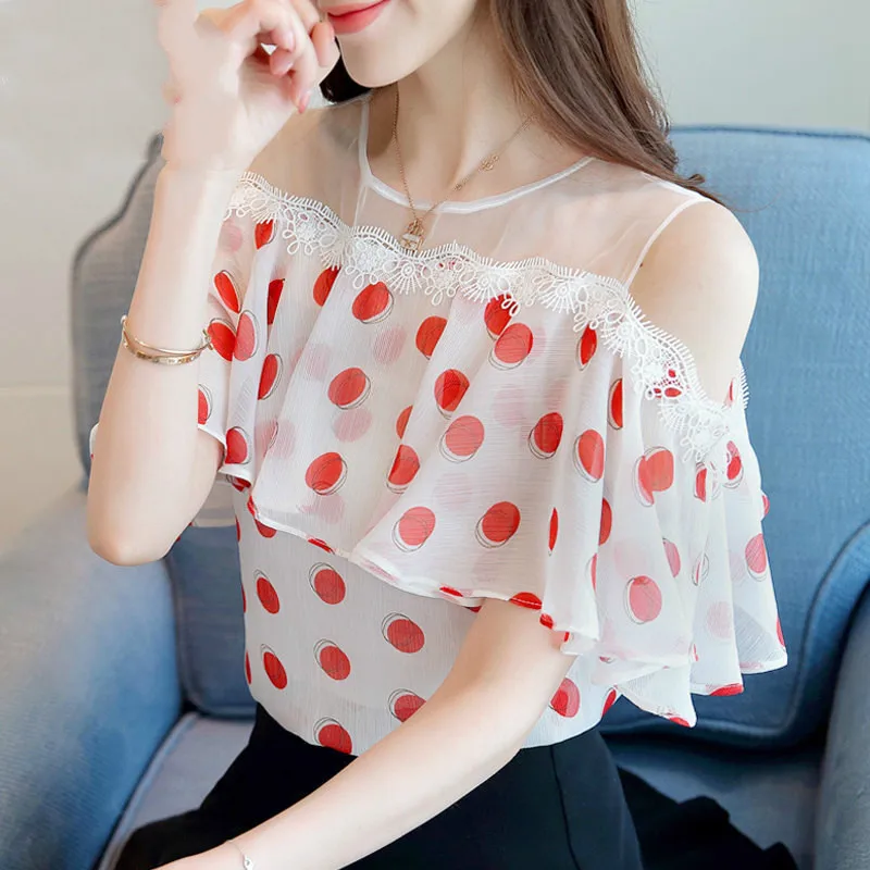 Женские рубашки в горошек летняя блузка с оборками и открытыми плечами