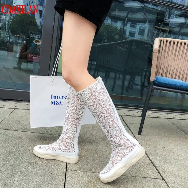 

CDAIXLAN New arriivals boots women breathable mesh PU knee-high boot platform flat heels back zipper boots summer ladies shoes