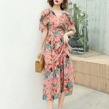 

Runway Designer New Bohemian Retro Print Flowers Sexy V-Neck Stretch Slim Dress Women'S Clothing High Quality Spring And Summer