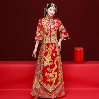 

Noble Bride Toast Clothes Qipao Chinese Women Marriage Tang Cheongsam Suit Exquisite Suzhou Embroidery Phoenix&dragon Dress