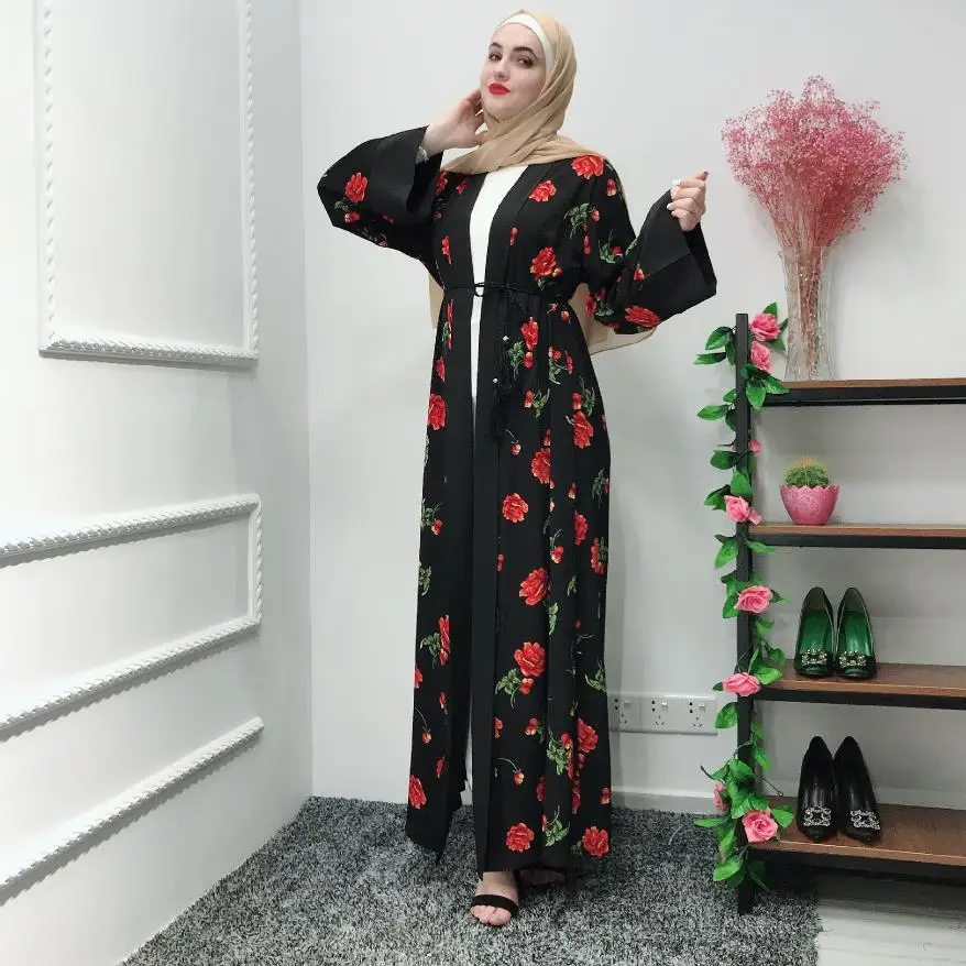 black abaya Размера плюс Дубай мода мусульманские цветы печатных абайя женский полный длина кардиган открытый абаи исламский халат wq2118 - Цвет: black abaya