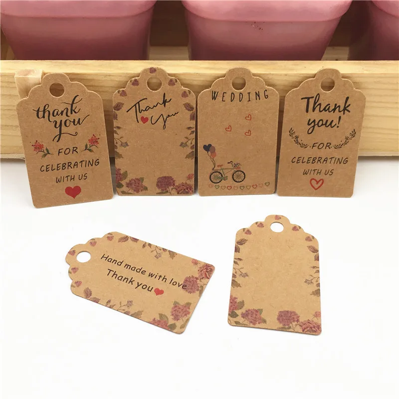 100pcs Kraft Paper Gift Tags with Strings thank you for Celebrating with Us  Handmade with Love Blank label DIY Crafts Gift Tags