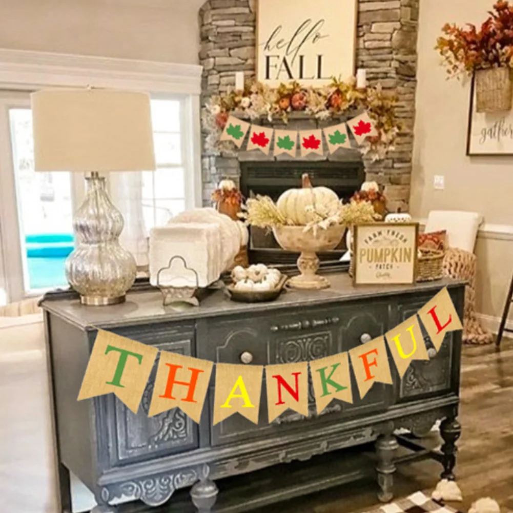 Thanksgiving Day Thankful Maple Bunting Banner Home Party Festival Hanging Decor
