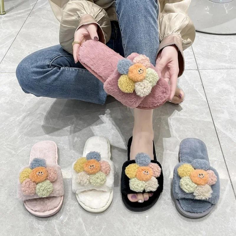 2022 New Winter Slippers Fashion Cartoon Pattern Ladies Slippers Home Slippers All-match Slippers Outer Slippers Fur Slides