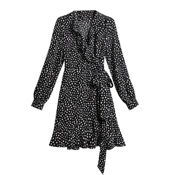 

Hot Selling Womens Spring Sexy V Neck Long Sleeve Printing Vintage Dress With Sashes Female High Fashion Sexy Mini Ruflles Dress