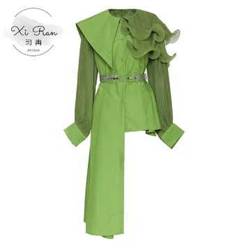

2020 Spring New Fashion Design Ruffled Collar Retro Irregular Patchwork Pleated Solid Shirt Women Blouse