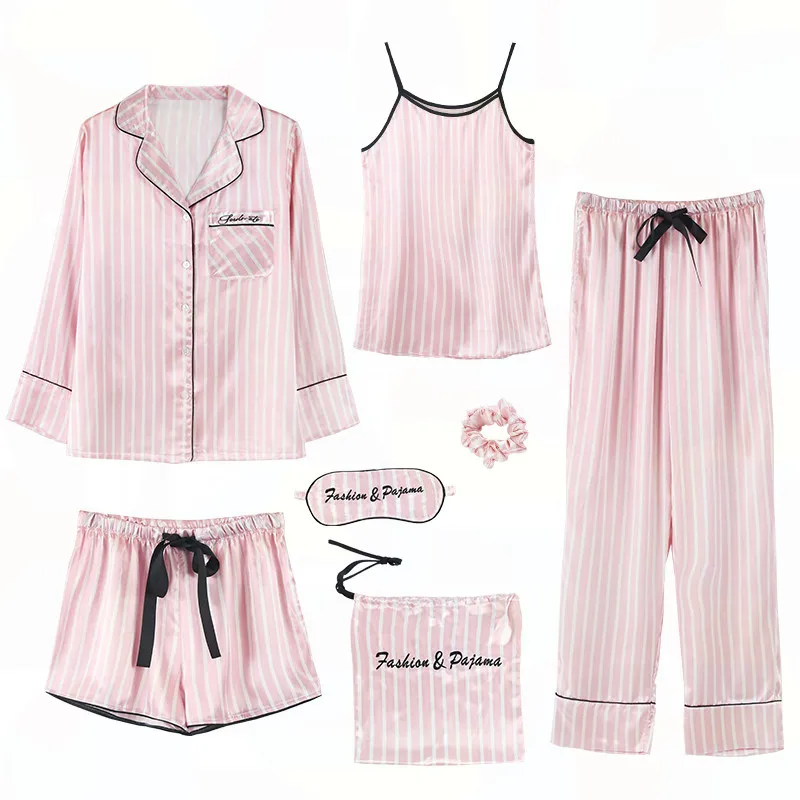 

Korean-style-Spring And Autumn Silk Pajamas Female Summer Seven Sets Viscose Stripes Thin Real Silk Short Sleeve Set Home Wear