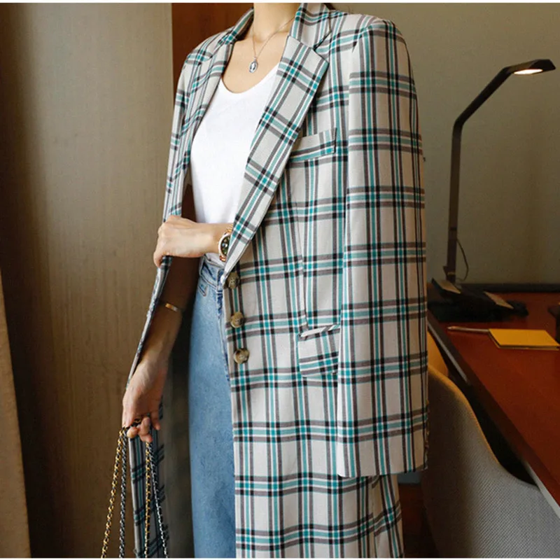 Fashion Green Plaid Lapel Long Sleeve Single-breasted Slim Windbreaker Woman Vintage Simple Fashion Tide Autumn Coat New TD193