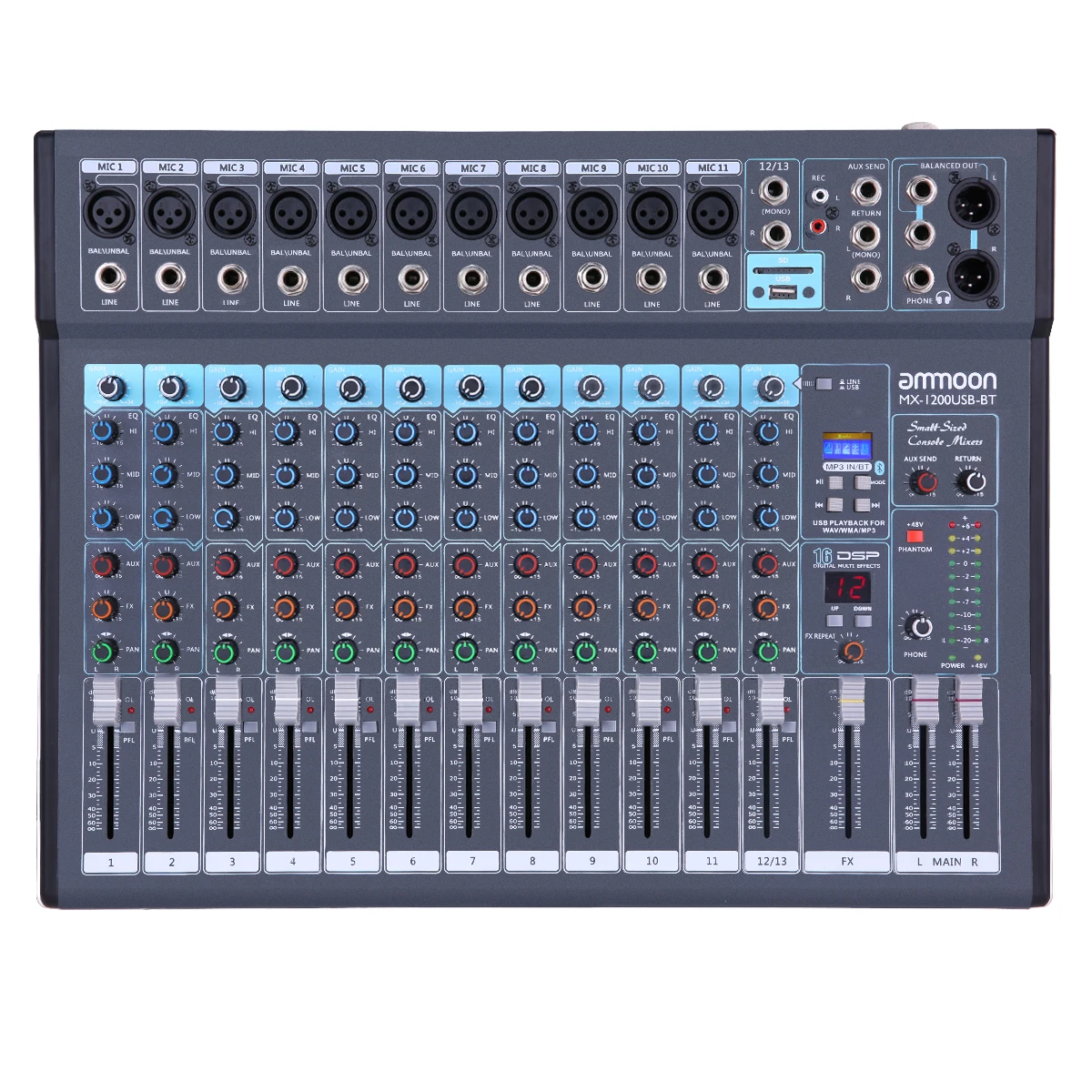 Ammoon MX-1200USB-BT 12-канальный смешивания консольный микшер встроенная карта памяти 16 dsp-эффекты+ 48V Phantom Мощность поддерживает