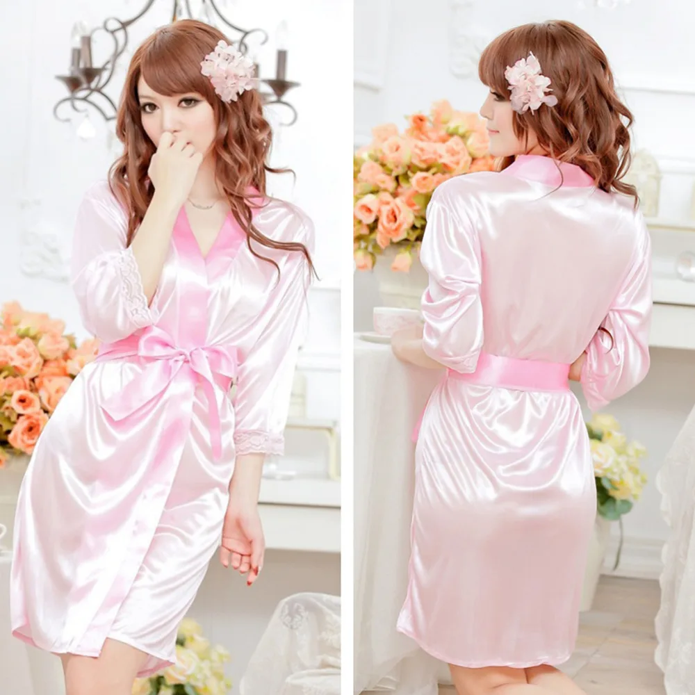 Hot Sexy Lingerie Satin Lace Kimono Intimate Sleepwear Robe Sexy Night Gown Women Sexy Underwear 5 Colors_voghion.com