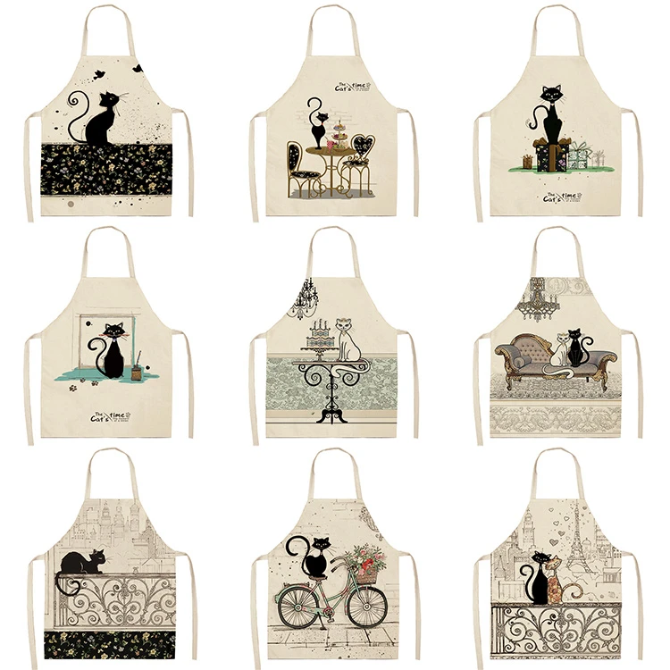 Black White Cat Letter Kitchen Aprons For Women Cotton Linen Bibs Household Cleaning Pinafore Home Cooking Apron 53*65cm WQL0124