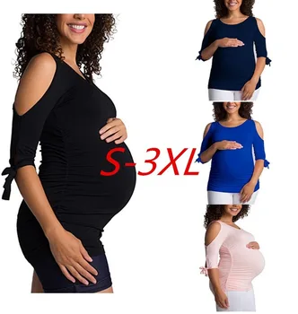 

Pregnant Women Leisure Tees Pleated Shoulder Strap Bowknot Cotton Short Sleeve Pregnant Women XXXL Woman Clothes Plus Size