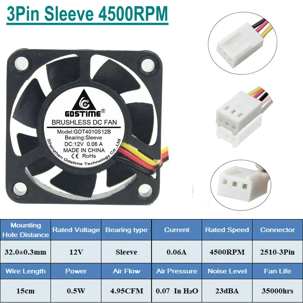 10 штук в партии Gdstime DC 12V 2Pin 4 см 40x40x10 мм 40 мм 4010 маленький Бесщеточный Охлаждающий вентилятор - Цвет лезвия: 3Pin Sleeve 4500RPM