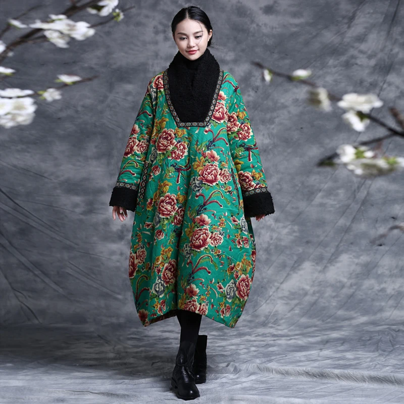 Lady Long Coat Jacket Chinese Ethnic Floral Padded Quilted Winter Outerwear Tops