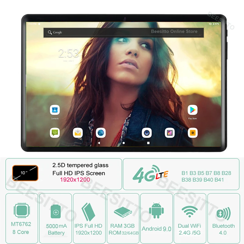 Планшеты Android 10 1 восьмиядерные 3 ГБ ОЗУ 64 Гб ПЗУ 4G LTE телефон 9 0 Pie 1920*1200 IPS Type C USB