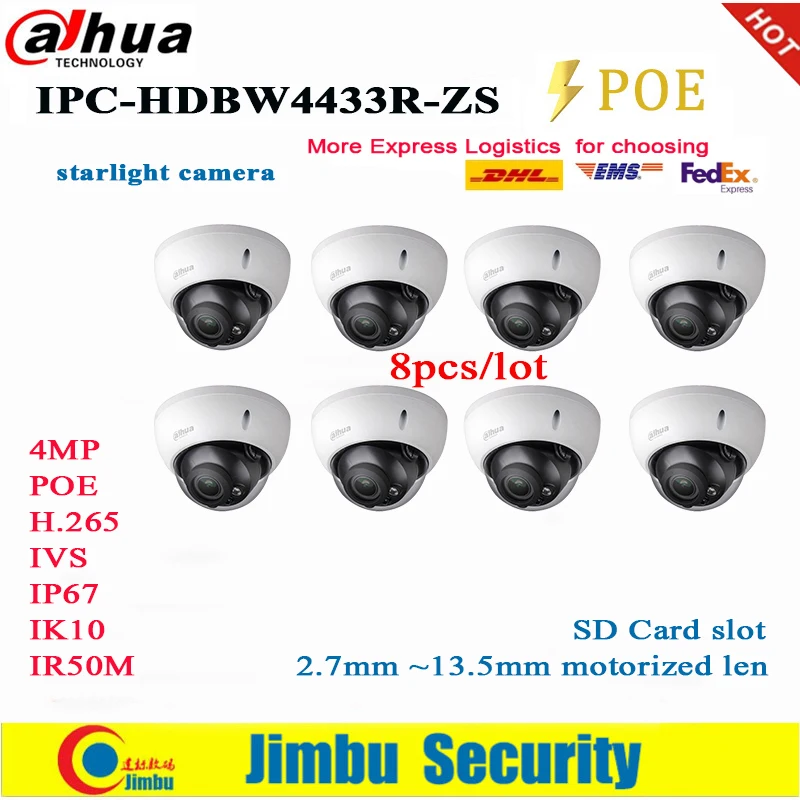 

Dahua IP Camera 4MP starlight POE IPC-HDBW4433R-ZS 8pcs/lot 2.7mm ~13.5mm motorized lens H2.65 IR50M SD Card slot IK1 IP67