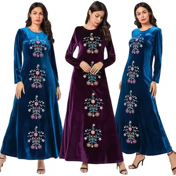 

Fashion Velvet Abaya Floral Embroidery Kaftan Muslim Women Long Sleeve Dress Dubai Maxi Jilbab Arab Winter Robe Islamic Clothing