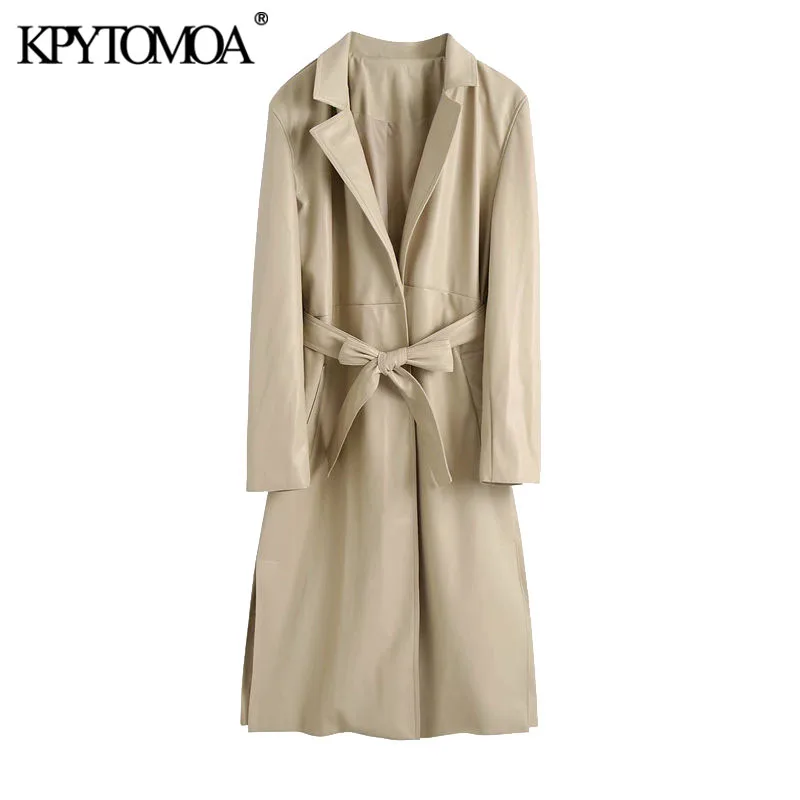 KPYTOMOA-gabardina de piel sintética con cinturón para mujer, gabardina Vintage de manga larga con orificios laterales, prendas de vestir exteriores, Tops Chic, 2020