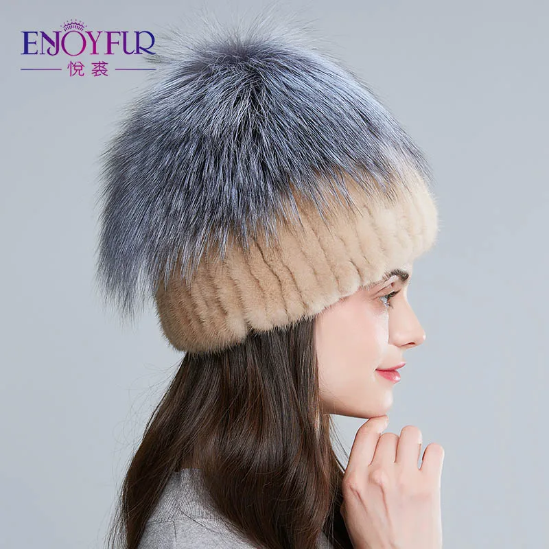 ENJOYFUR настоящие норковые меховые шапки для зимы женские меховые шапки с лисьим мехом Толстая теплая норковая шапка для женщин высококачественные меховые шапки