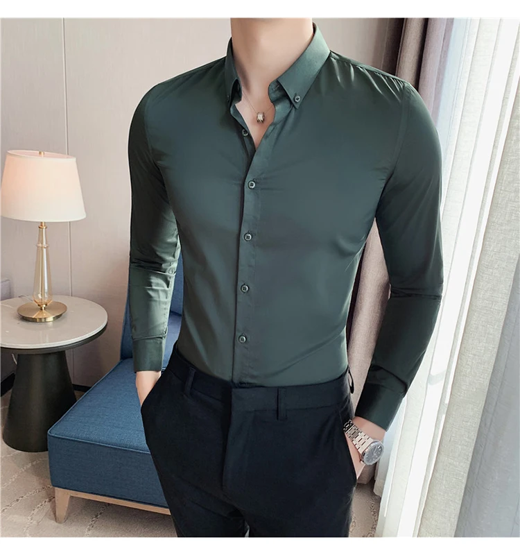 High Quality Solid Shirts for Men Clothing 2022 Korean Slim Fit Men Casual Shirts Long Sleeve Streetwear/Night Club/Prom Tuxedo