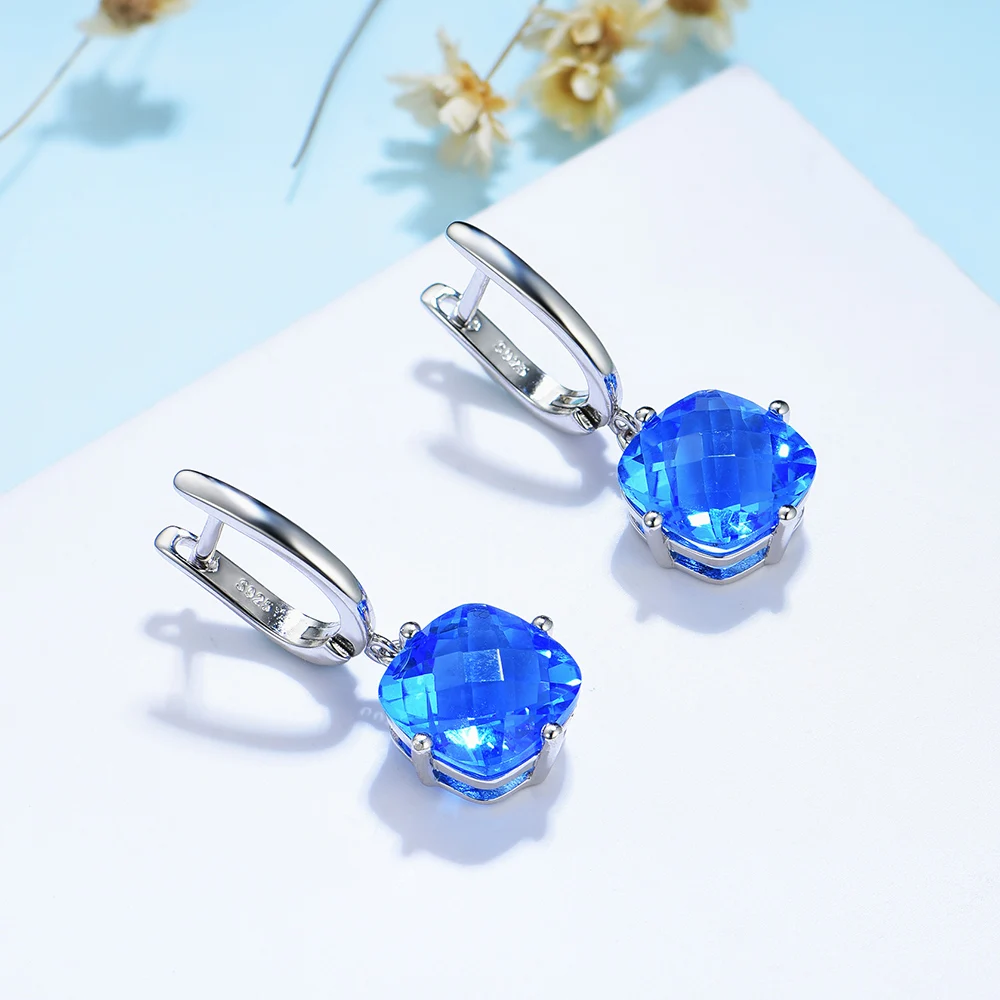 Kuololit Checkboard Blue Crystal Gemstone Drop Earrings for Women Solid 925 Sterling Silver 10*10 Cushion Jewerly for Party 5