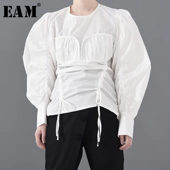 

[EAM] Women Drawstring Asymmetrical Blouse New Round Neck Long Sleeve Loose Fit Shirt Fashion Tide Spring Summer 2020 A176