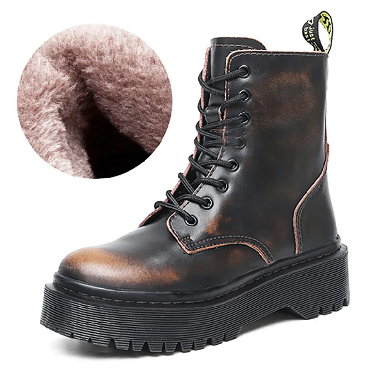 W018-rub brown fur Модные женские ботинки; Ботинки martin; зимние ботинки из натуральной кожи на платформе; ботинки в байкерском стиле; женская зимняя обувь; женские ботинки - Цвет: W018-rub brown fur