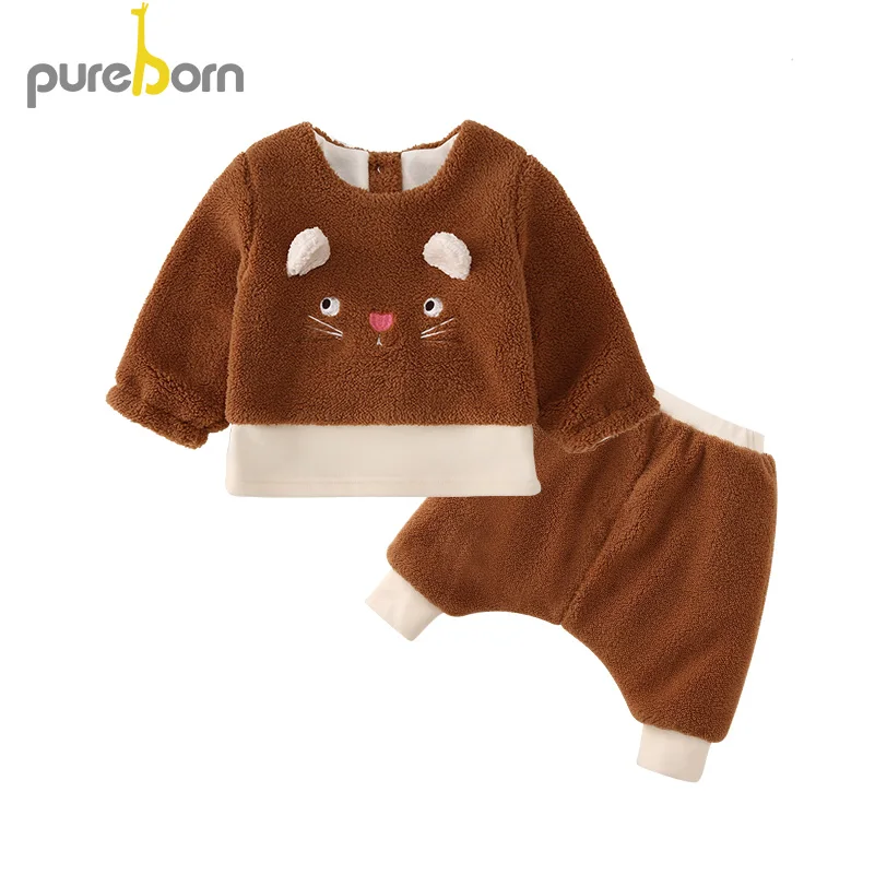 Pureborn/2 предмета; Детские флисовые Топы+ брюки; комплект одежды для маленьких мальчиков; Одежда для девочек с рисунком кота; теплая детская одежда; сезон осень-зима - Цвет: brown