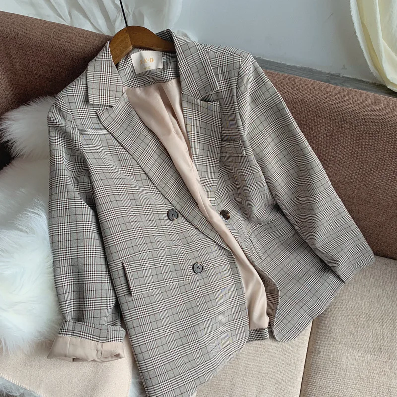 

High quality women's jacket small suit lady Blazer 2020 new autumn and winter retro check loose female office jacket