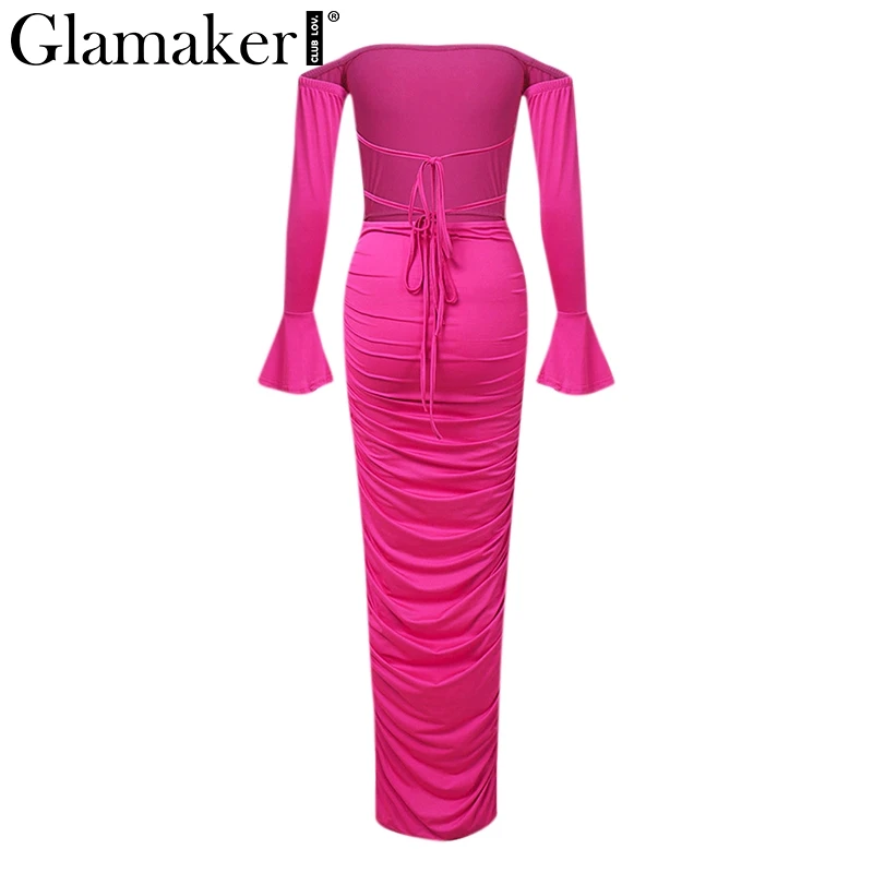 Glamaker сексуальное платье с открытыми плечами с вырезом лодочкой осенние вечерние платья с баской и бантом элегантные расширяющиеся к низу рукава зимние длинные платья