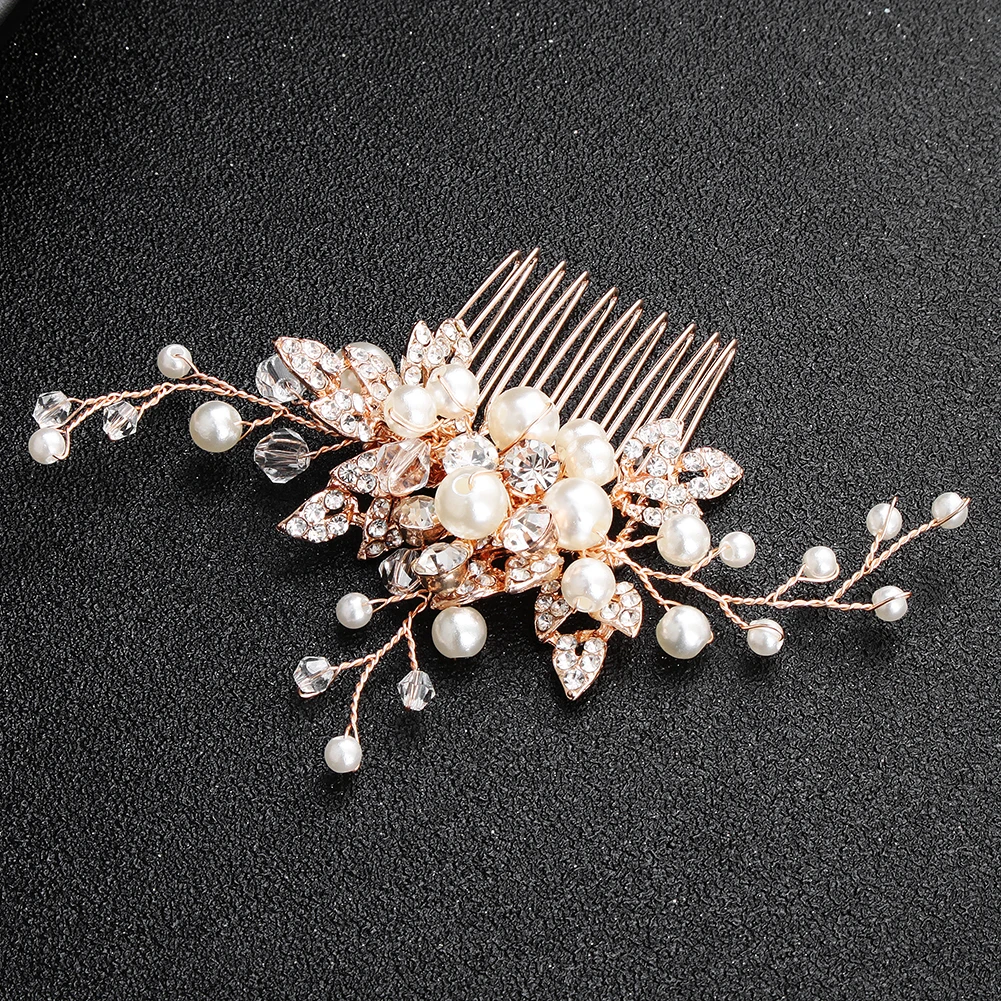 Simple Wedding Tiara Beautiful Handmade Pearl Crystal Alloy Hair Comb Rose Gold Bride Rhinestone Disk Hair Comb
