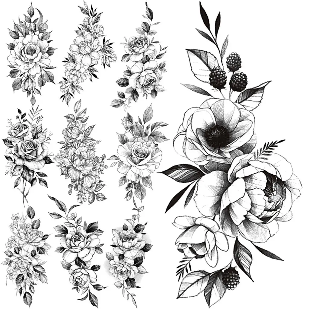 

Black Floral Flower Temporary Tattoos For Adults Women Realistic Dahlia Bouquet Fake Tattoo Sticker Sexy Waist Arm Tatoos Small