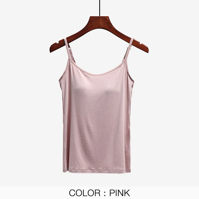 Women Tank-Top Built-in Bra Padded Push-Up Stretchable Modal Tops Camisoles Tube Vest Sleeveless Sexy Casual Korean SA0764 PINK
