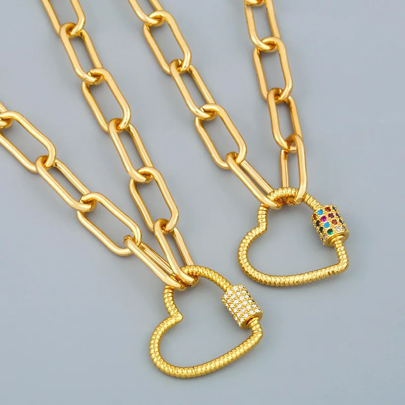 Chunky Gold Carabiner Necklace-Circle Heart Pendant CZ Stone Chain