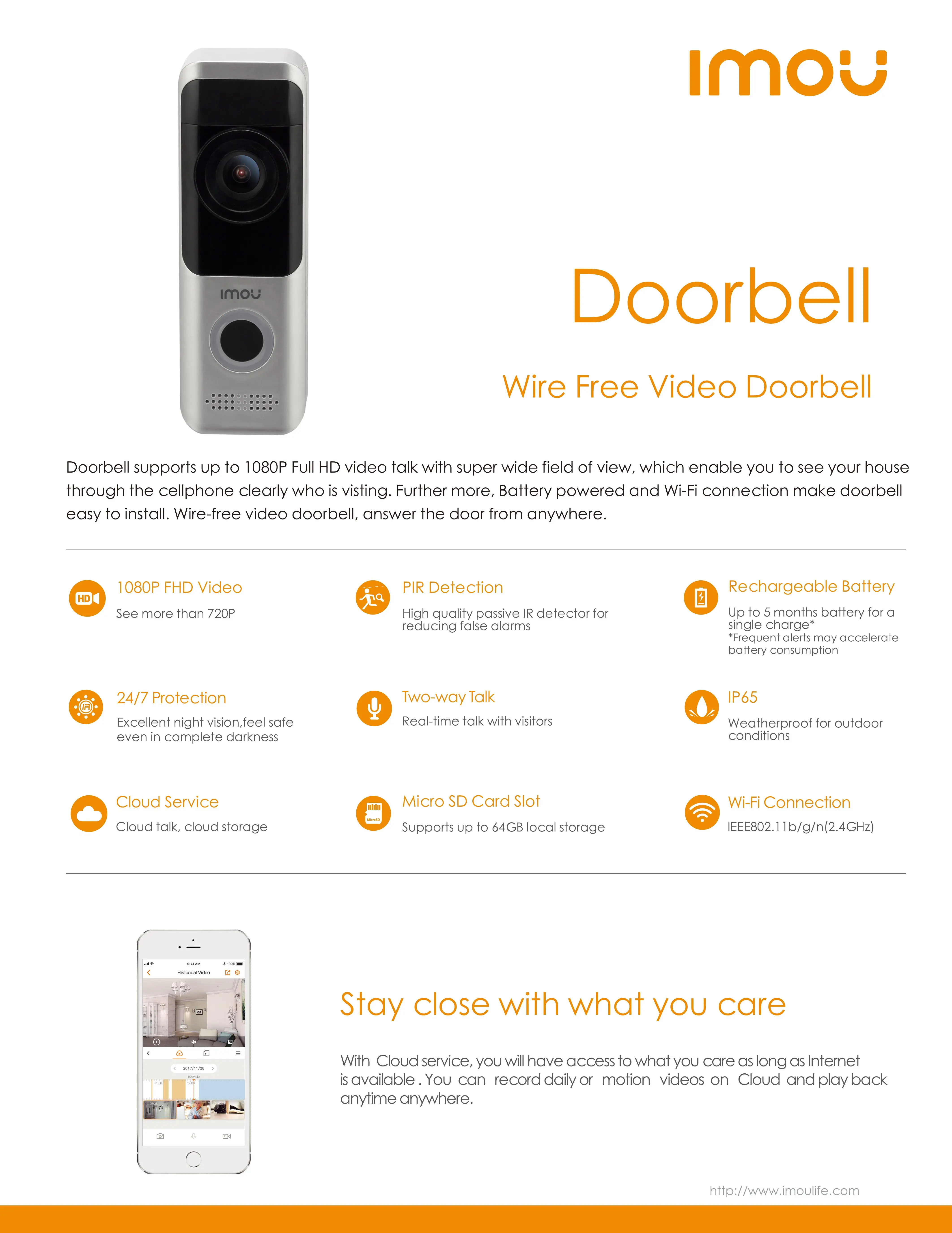 Dahua Imou DB10 Doorbell Wifi Doorbell With PIR Detect HD 1080p HD Video 2-Way Talk Built In Speaker SD Card Slot Cloud Service
