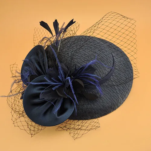 Dark Blue Большая женская свадебная шляпа в британском стиле цвета слоновой кости, сатиновая вуалетка с перьями и цветами, головной убор для девушек, для вечеринки, Коктейльные шляпы - Цвет: Dark Blue