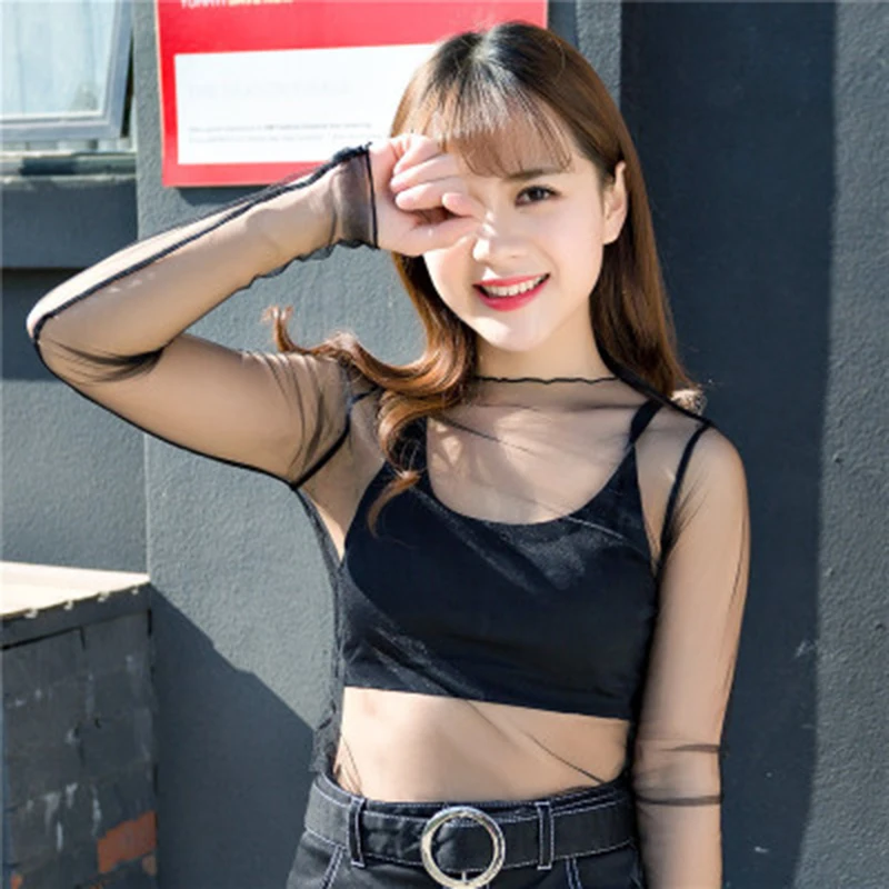 

New Wild Mesh Gauze Bottoming Shirt Female Fishnet Net Gauze Hook Flower Perspective Sexy Small Collar Long Sleeve Lace Shirt