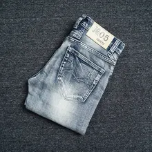Italian Vintage Fashion Men Jeans Retro Light Blue Slim Fit Ripped Jeans Men Top Quality Streetwear Hip Hop Designer Jeans Homme