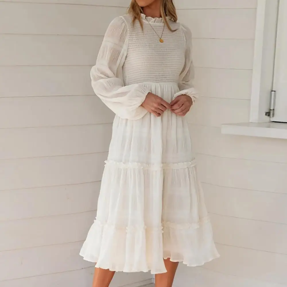 

2019 Summer Women's White Dress Maxi Dress Elegant Ladies Slim Chiffon Long Sleeve O Neck Casual Party Long Dress Vestidos Mujer