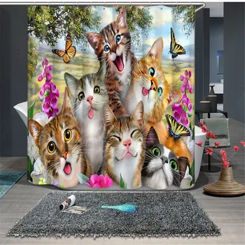 

Cartoon Cat Shower Curtains Animals Bath Curtains For Bathroom Bathtub Large Wide Bathing Cover Home