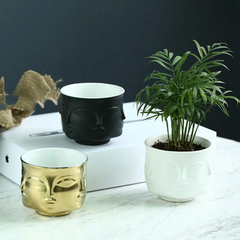 Artist'S Residence Face Flower Pot Decoration Potted Planting Garden Decoration White Pottery Vase Black Ceramic