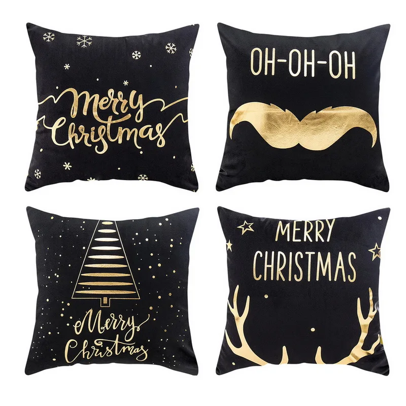 

Merry Christmas Pattern Cushion Cover Black Tipping Gold Foil Printing Pillow Case Home Decorative Pattern Pillows