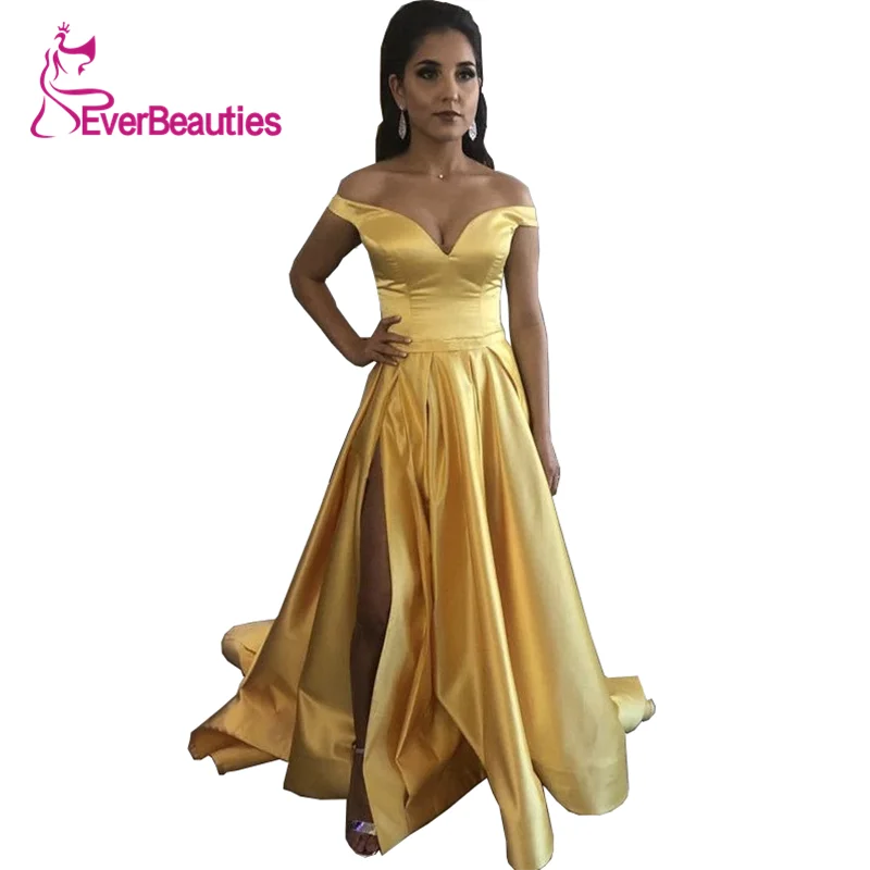 Vestido de festa, вечернее платье, длинное,, вырез лодочкой, с открытыми плечами, элегантное вечернее платье, атласное, с разрезом сбоку, для вечеринки, выпускного вечера, Vestido - Цвет: as picture